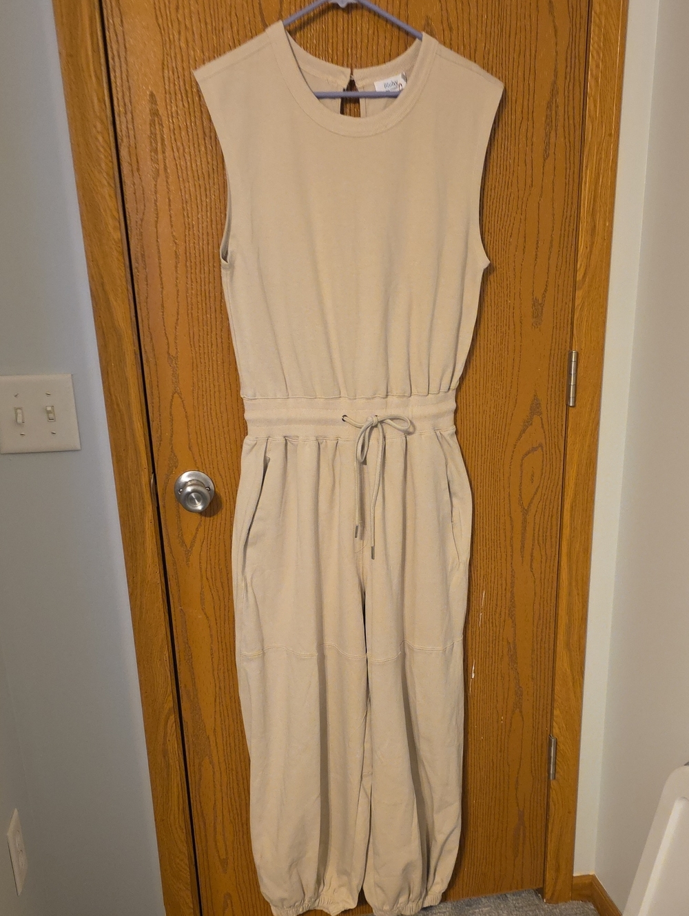 Bluivy Sleeveless Drawstring Jumpsuit in Light Tan, Barrel Style. Ptp 19,w 14-17